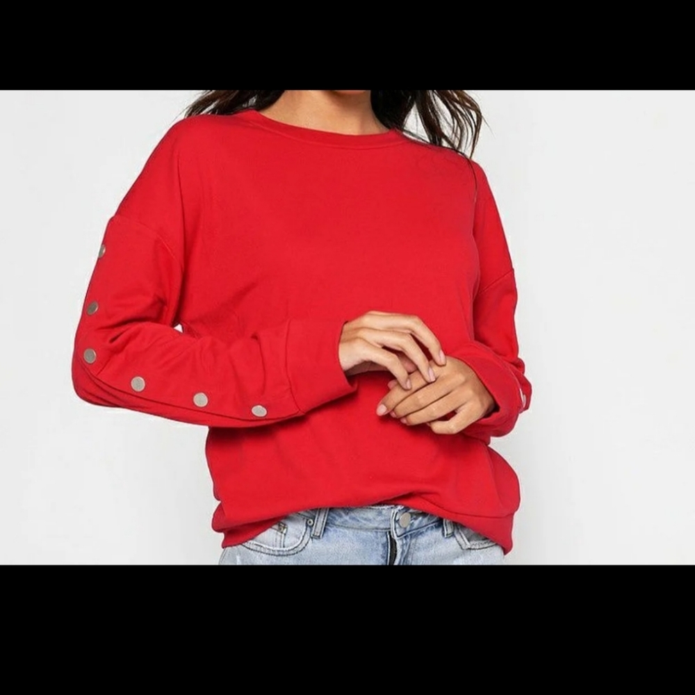 Red Snap Button Sleeve Sweatshirt